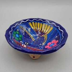 Vibrant Mexican Pottery 3.5" Three-Footed Trinket Dish Hand Painted Wall Hanging